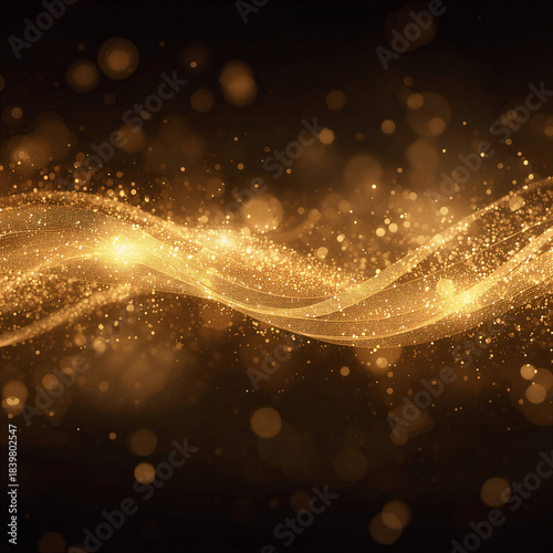 Luxury golden background. Glowing particles wave design. Black background