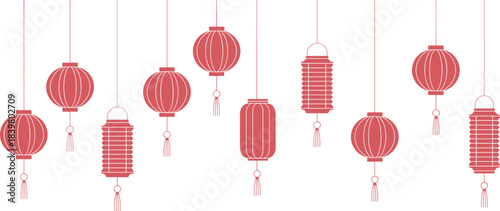 Minimalist illustration of red Chinese lanterns hanging in rows, festive decoration design for Lunar New Year, celebrations, cultural artwork and holiday themes