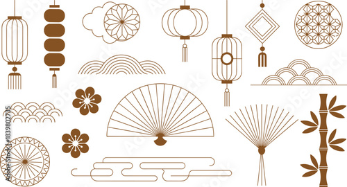 Traditional Asian decorative pattern with lanterns, fans, clouds, bamboo, floral motifs, cultural festival elements, seamless design for celebration and ornamental artwork