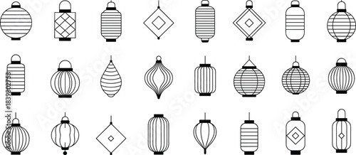 Set of twenty black and white line art Chinese lantern icons, traditional decorative designs for festivals, cultural graphics, celebration themes and illustrations