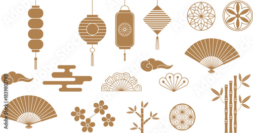 Traditional Asian decorative pattern with lanterns, fans, clouds, bamboo, floral motifs, cultural festival elements, seamless design for celebration and ornamental artwork