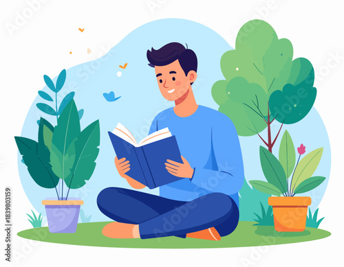 A young man sitting cross-legged on green grass, enjoying a peaceful moment outdoors while reading a book amidst potted plants and nature.