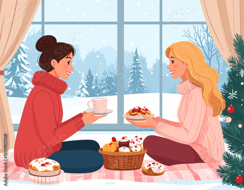 Two women enjoying a cozy winter breakfast with pastries and coffee by a snowy window, celebrating the holidays.