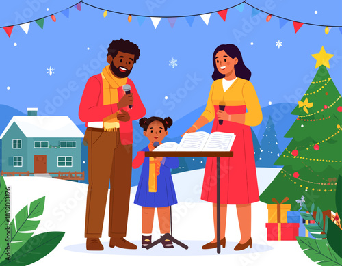 A diverse family singing Christmas carols outdoors in a snowy, festive winter scene with a decorated tree and house.