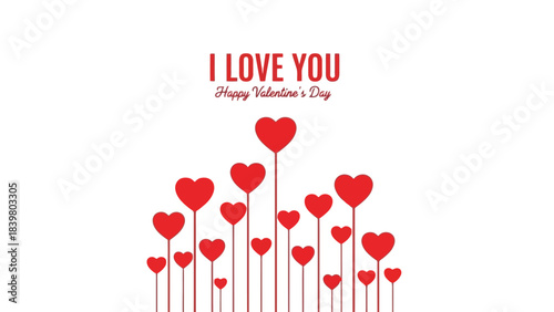 Happy Valentine's Day I Love You text with red hearts on white background