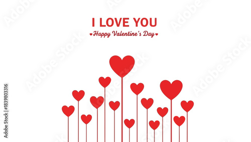 I Love You Happy Valentine's Day Red Hearts Minimalist Flat Vector Illustration