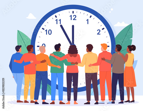 A diverse group of people standing together in front of a large clock, symbolizing unity and time.