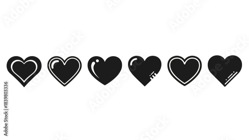 Collection of Diverse Black Heart Icons on White Background, Vector Set