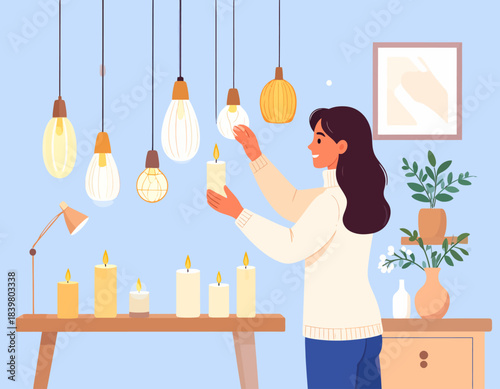 A woman arranging candles and surrounded by various hanging light bulbs in a cozy room.