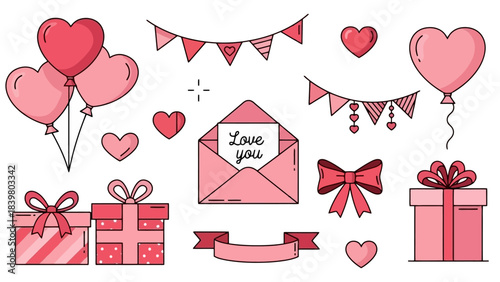 Valentine's Day Collection: Hearts, Gifts, Balloons, Banners, and Love Letter Illustration