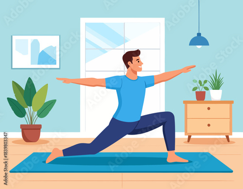 A man in a blue shirt and dark pants practices yoga on a mat in a bright room with plants and a window.