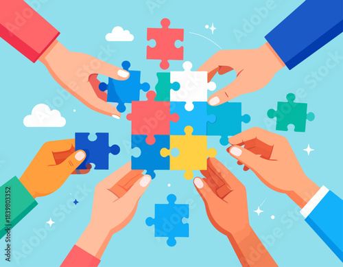 Diverse hands collaborating to assemble a colorful jigsaw puzzle, symbolizing teamwork and problem-solving.