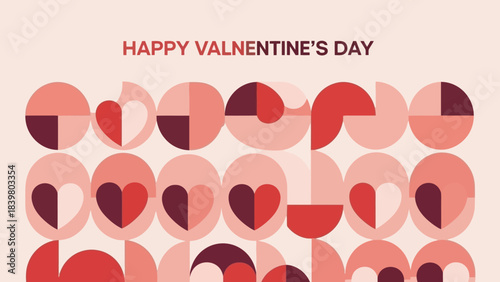 Happy Valentine's Day Greeting Card with Geometric Hearts and Circles