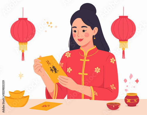 A smiling Asian woman in a red traditional dress holding a golden red envelope, surrounded by Chinese New Year decorations like lanterns and gold ingots.