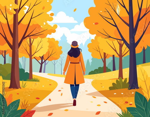 A person walks along a winding path through a vibrant autumn park, surrounded by trees with golden and orange leaves under a bright sky.