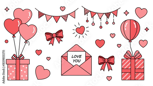 Valentine's Day Flat Vector Illustration: Hearts, Balloons, Gift Boxes, and Bunting
