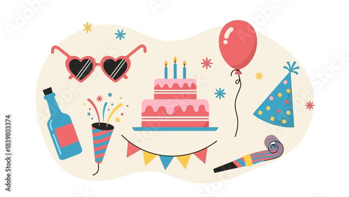 Happy Birthday Party Icons and Symbols: Cake, Balloon, Glasses, and More