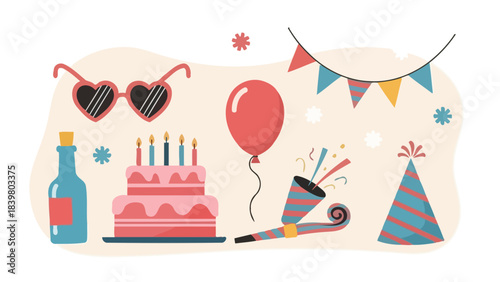 Happy Birthday Party Elements Flat Design: Cake, Balloon, Sunglasses, Party Hat & Popper