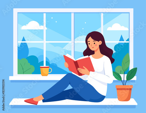 A young woman with dark hair sits comfortably on a window sill, engrossed in reading a red book, with a scenic view outside.