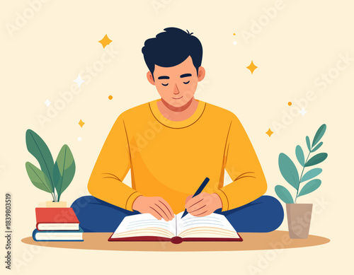A young man sitting cross-legged on the floor, diligently writing in an open book with a pen, surrounded by potted plants and a stack of books, in a calm and focused setting.