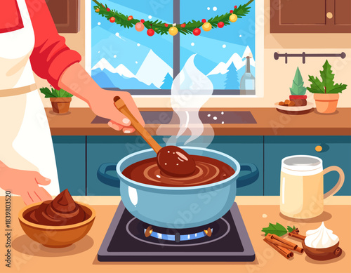 A person stirring hot chocolate in a pot on a stove in a festive winter kitchen scene.