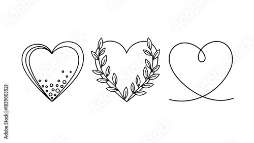 Collection of Three Stylized Black and White Heart Illustrations on White Background