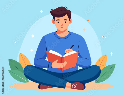 A young man sitting cross-legged, writing in a red book with a pen, against a serene blue background with sparkling elements.