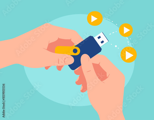 Hands holding a USB flash drive with data transfer icons representing digital media storage.