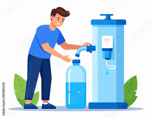 A man filling a large plastic bottle with clean drinking water from a modern water dispenser for hydration.