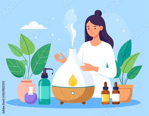 A serene woman enjoys the fragrant mist from an essential oil diffuser. Surrounded by plants and aromatic oils, this scene evokes a sense of peace, wellness, self-care, and natural aromatherapy at hom