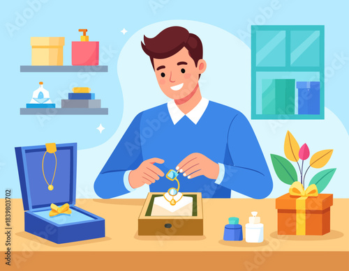 A smiling man carefully crafts a beautiful necklace at his desk. A scene of a jeweler at work or someone preparing a special, handmade gift.