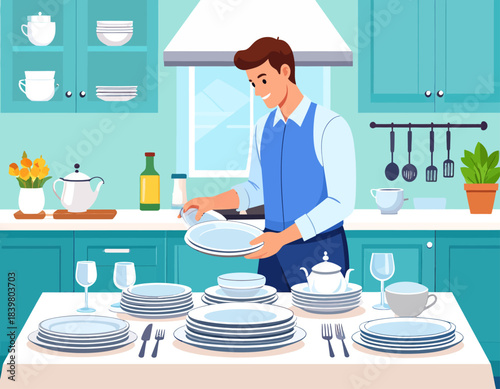 A smiling man meticulously sets the dining table for a big dinner or event. A scene of a professional waiter or someone preparing for guests at home.
