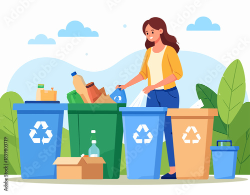 A woman responsibly sorts waste into different recycling bins outdoors. Her actions promote environmental conservation and a sustainable lifestyle.