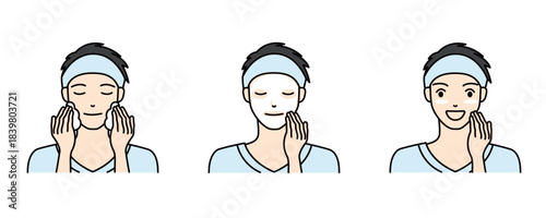 Men's skincare routine with cotton pad, sheet mask, and happy result illustration