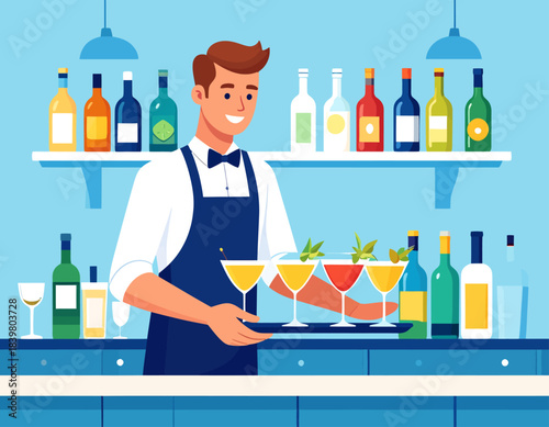 A dapper bartender in a bow tie and apron proudly presents a tray of colorful cocktails. A scene of professional hospitality and expert service.