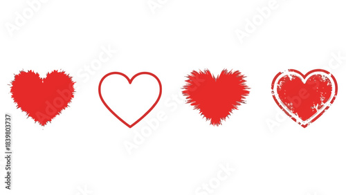 Four Distinct Red Hearts: Solid, Outline, Textured, and Distressed Styles