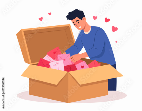 A man smiles as he sorts through a box full of love letters and valentines. A heartwarming scene of charity, nostalgia, or preparing for a romantic day.