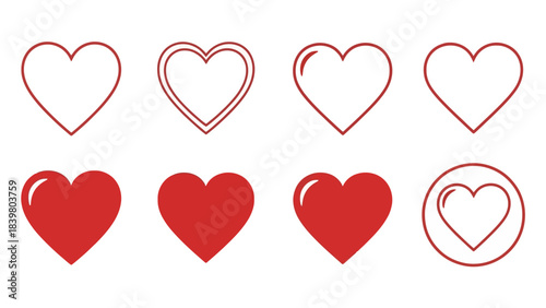 Collection of Heart Icons: Outline and Solid Red, Vector Graphics
