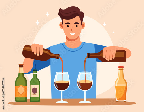 A smiling man skillfully pours drinks from two bottles into two glasses. A fun scene depicting a bartender, host, or someone enjoying a tasting.