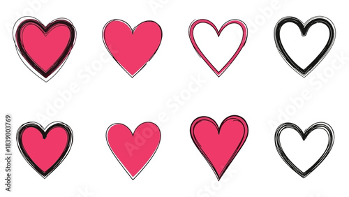 Collection of Pink and Black Hand Drawn Heart Shapes on White Background