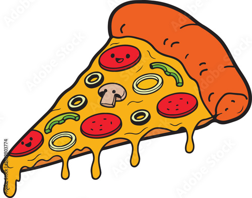 Kawaii Pizza Slice Illustration with Melting Cheese
