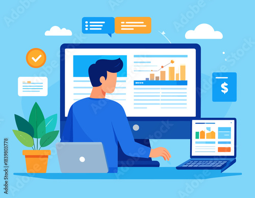 A man works at a desk with computers showing data analytics and charts. This illustrates a modern professional analyzing business metrics and financial data.