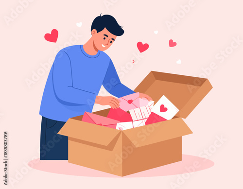 A man smiles as he sorts through a box full of love letters and valentines. A heartwarming scene of charity, nostalgia, or preparing for a romantic day.