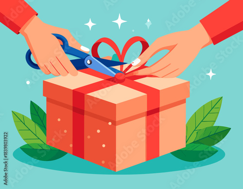 Hands cutting a red ribbon on a festive gift box with scissors, preparing to unwrap a present.