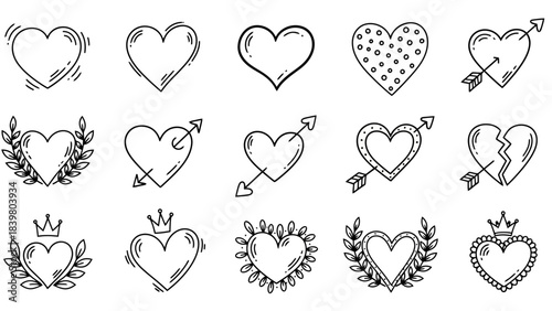 Collection of Hand-Drawn Heart Icons and Symbols for Design Projects