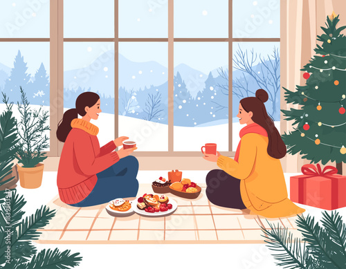 Two women enjoying a cozy winter day indoors, sitting by a large window with a snowy landscape outside, surrounded by Christmas decorations and treats.