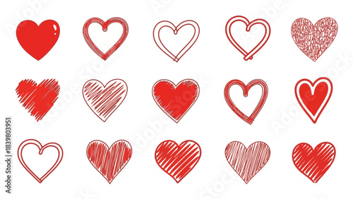 Collection of Red Hearts in Various Doodle Styles for Valentine's Day and Love Concepts