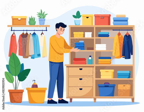 A man meticulously organizing his wardrobe, folding and arranging various clothes on shelves and hangers in a well-kept closet.