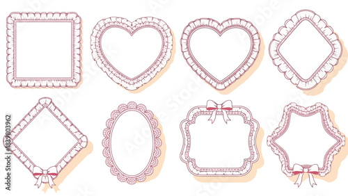 Collection of Decorative Frames with Ruffles and Bows in Pastel Pink Tones