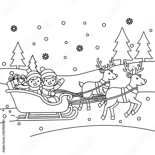 Cute cartoon children riding in a Christmas sleigh pulled by two reindeer.
